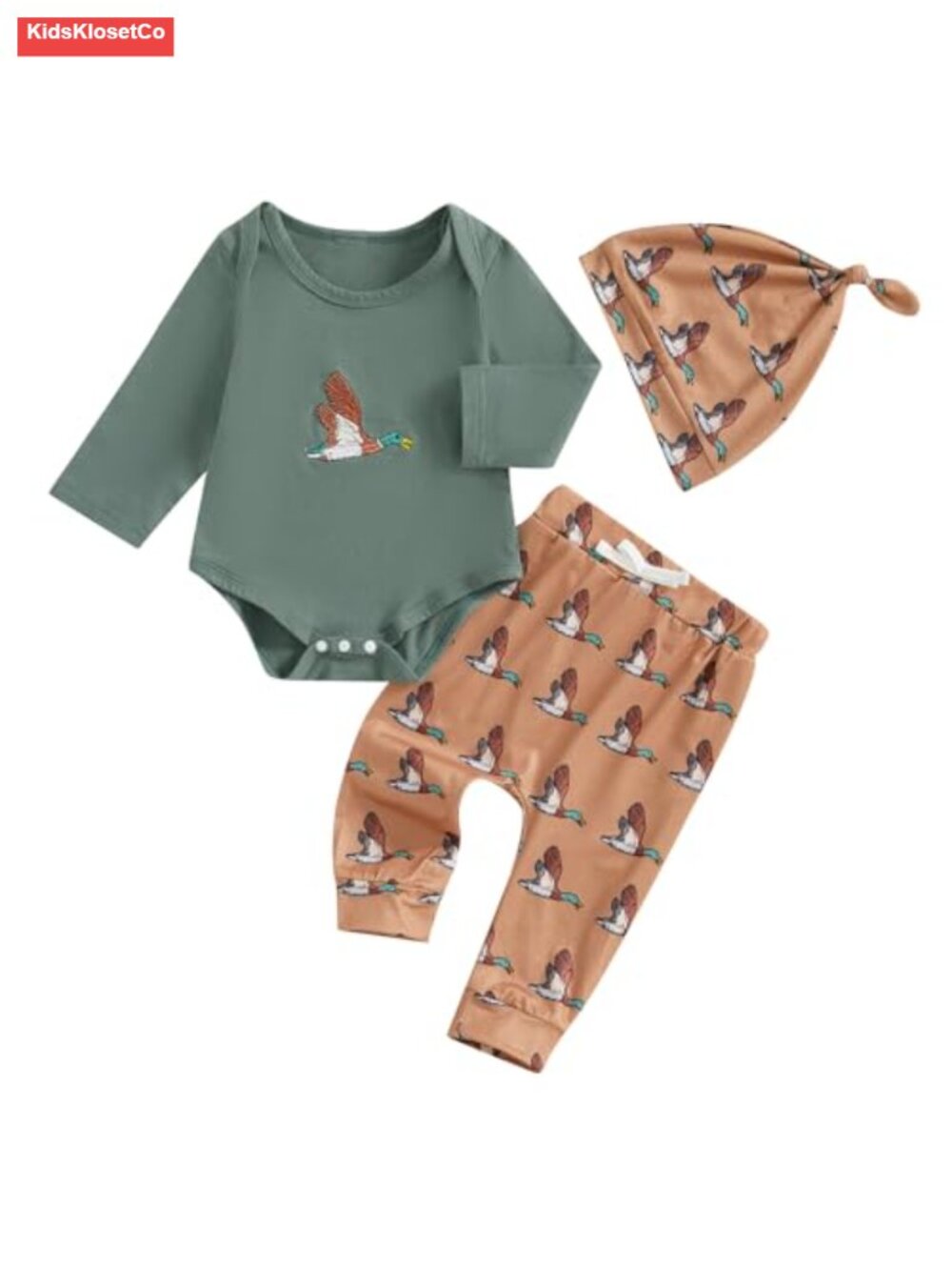 Newborn Baby Boy Mallard Duck Hunting Romper Pants Hat Set 95% Cotton